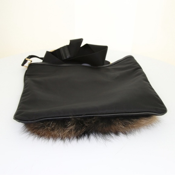 PRADA NYLON SHOLDER/CROSSBODY BLACK BAG WITH FUR DETAIL - Picture 3 of 9